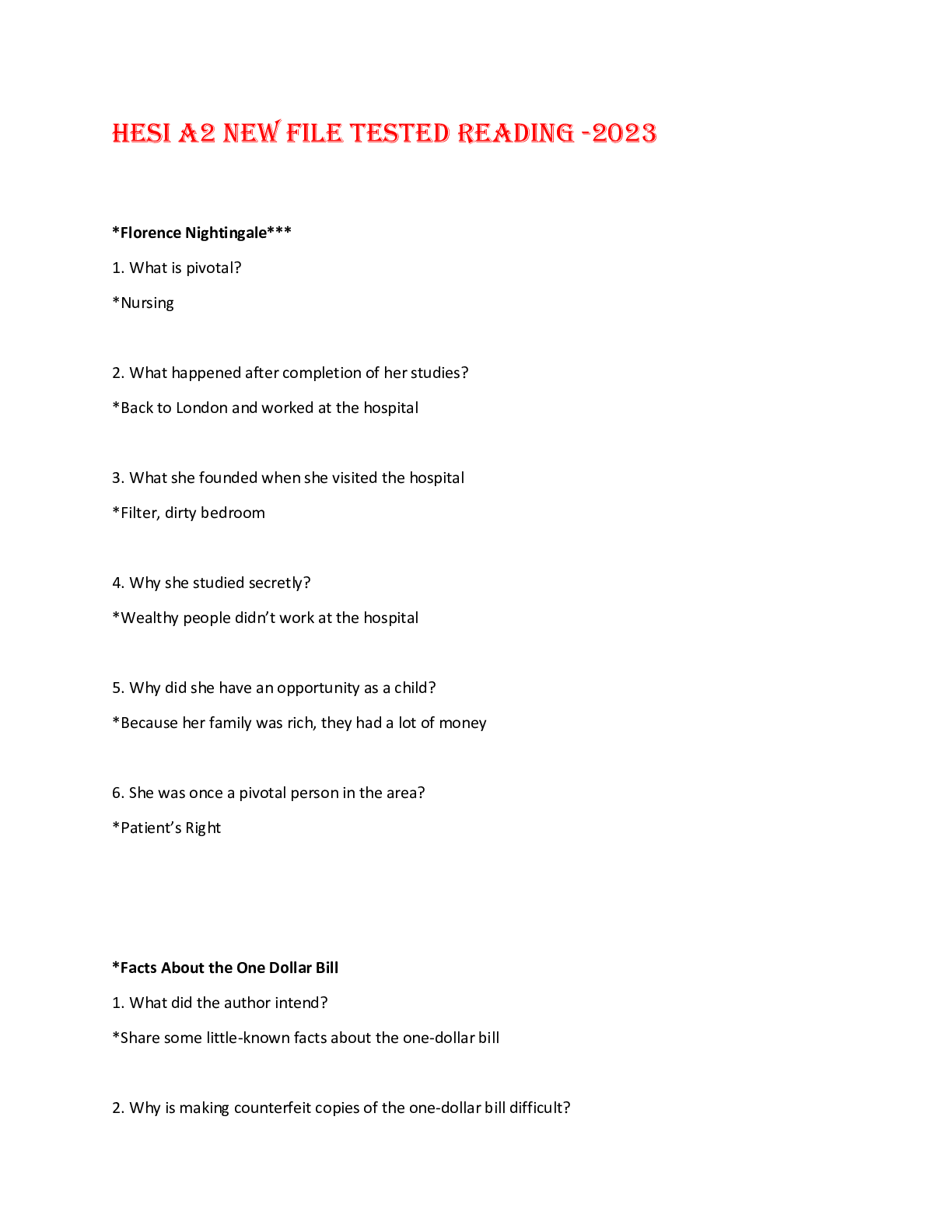 Preview image for HESI A2 NEW FILE TESTED READING - 